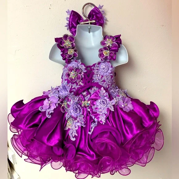 0/3 Months Purple Beaded Corset Back Cupcake Pageant Dress & headband/Bow  NWT